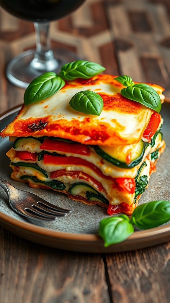 Aesthetic vegetable lasagna with layers of zucchini, spinach, and bell peppers, garnished with basil on a rustic table.